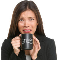 Professional woman holding mug with the word "stress" on it