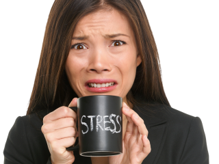 Professional woman holding mug with the word "stress" on it